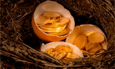 Three eggshells in a birds nest full of gold coins
