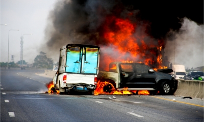 Picture of a truck and lorry crash on the motorway