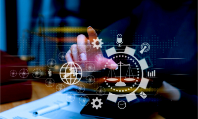 Justice and law concept. Female lawyer working on digital marketing