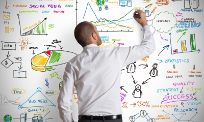Marketing and advertising Man putting marketing thoughts on whiteboard