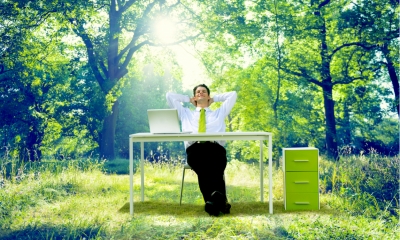 Man working at desk in forest