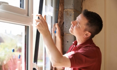 Man in red shirt fitting new double-glazed window