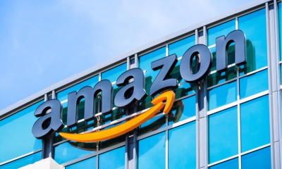 Amazon logo on the facade of one of their corporate office buildings located in Silicon Valley