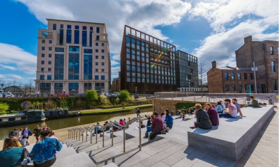 Granary Square riverside park outside Central Saint Martins university
